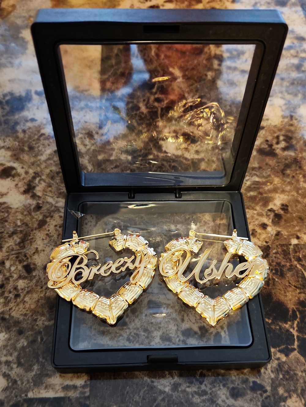 Custom Gold Script Breezy & Usher Heart Hoop Earrings